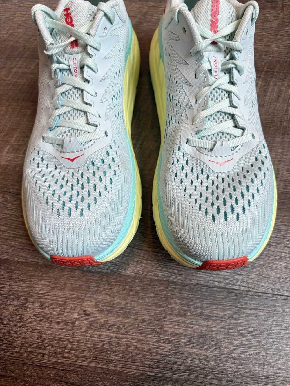 HOKA Clifton 7 Running Shoes Morning Women’s 10.5 Mist/Hot Coral NO INSOLES